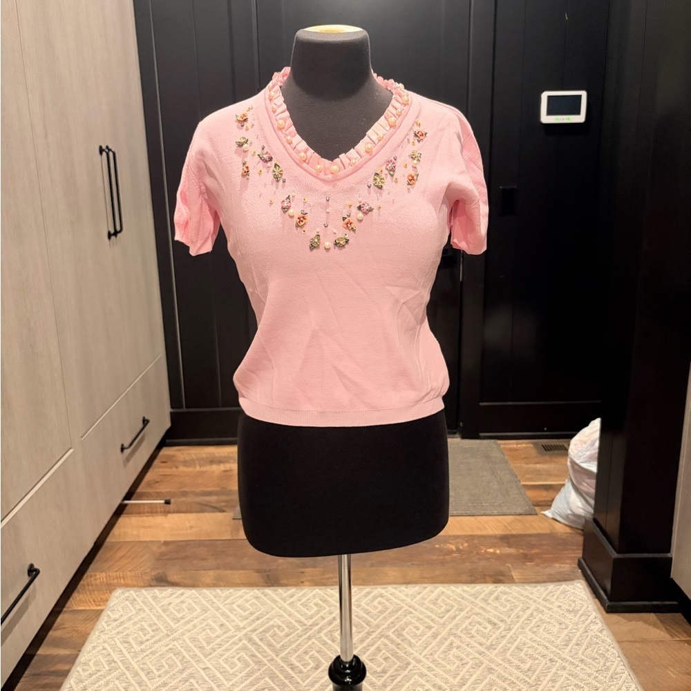 🌸 Vintage Joseph A Pink Beaded Knit Top | Ruffle Trim | Size M